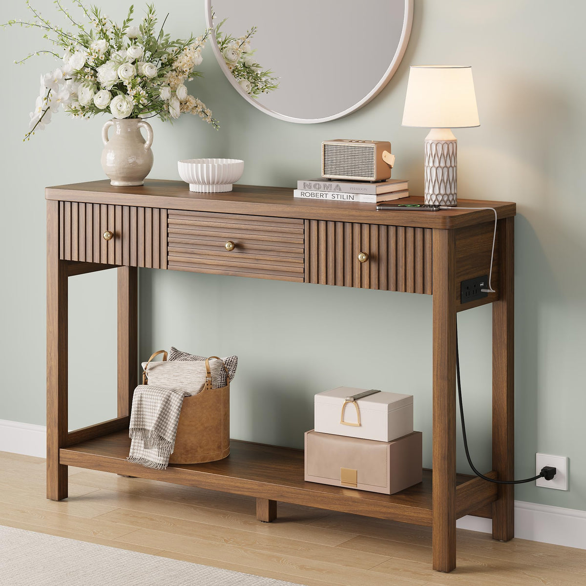 47'' Fluted Console Table with Charging Station & 3 Drawers Q38306