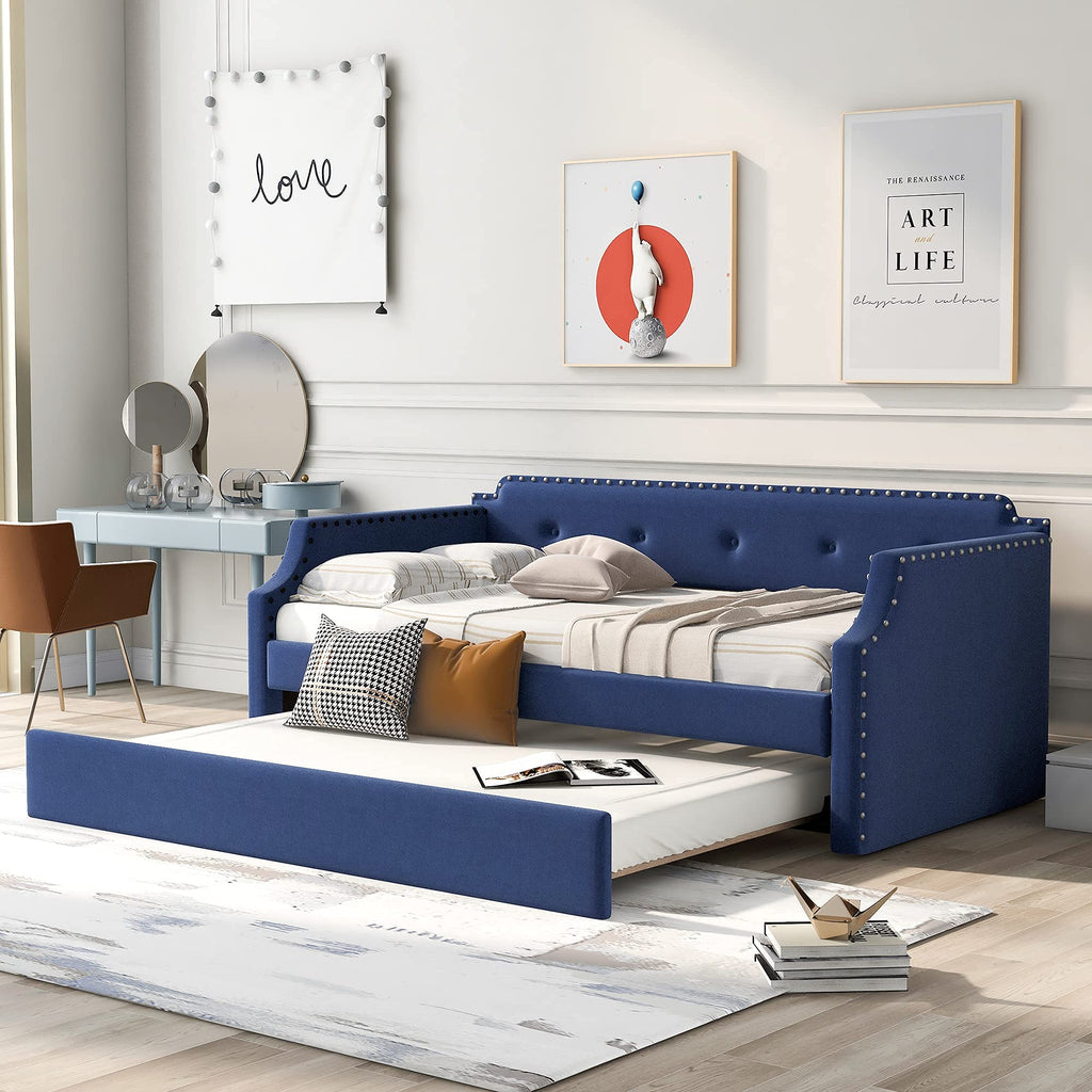 Blue Linen Fabric Upholstered Twin Daybed with Trundle I957440