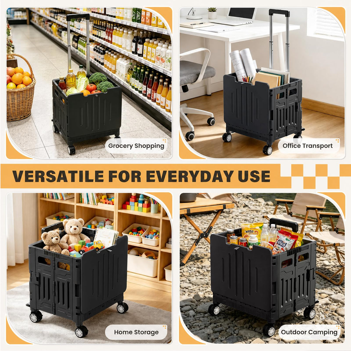 Black Folding Rolling Utility Cart A472
