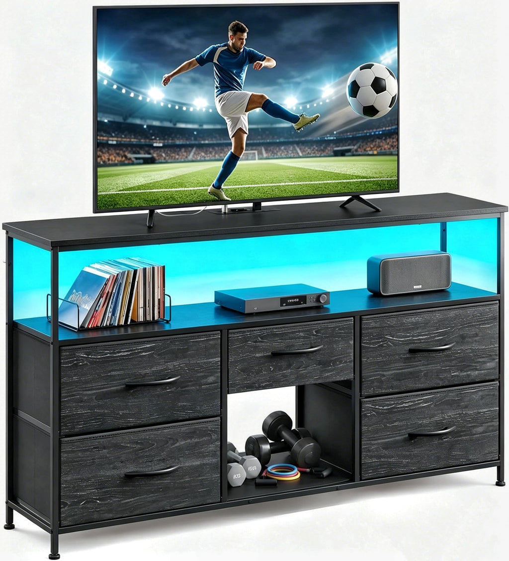 Black TV Stand with LED & Outlets, 5-Drawer Storage N22656