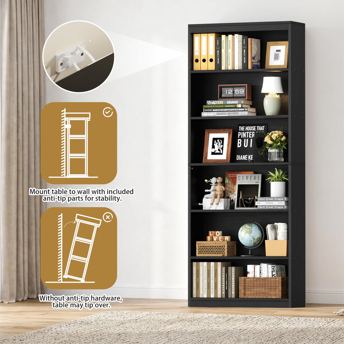 6-Tier Black Wood Bookshelf X39760