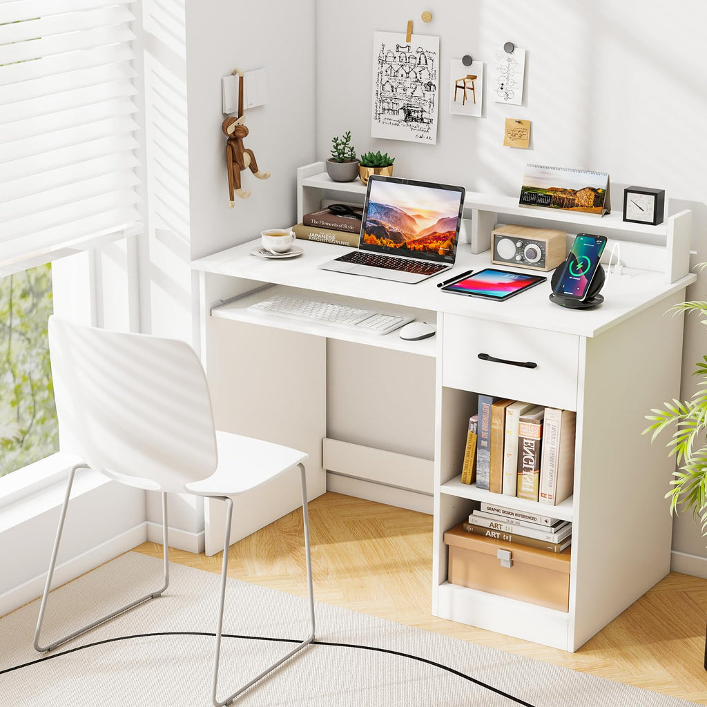 White Desk with Drawer and Keyboard Tray P719