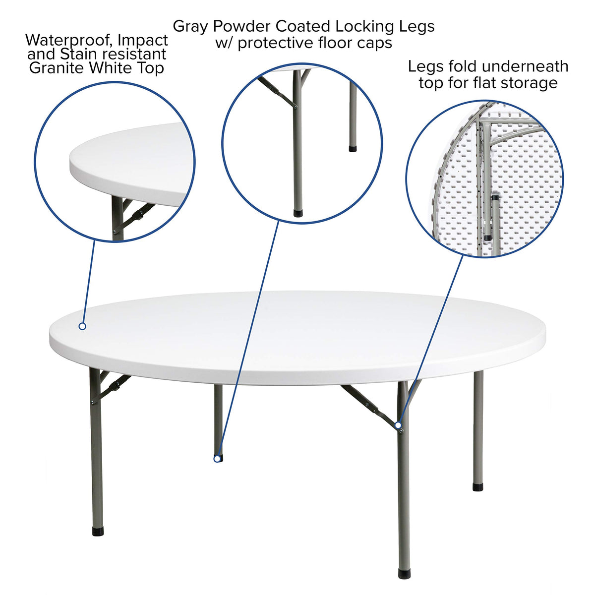 6-Foot Round Granite White Plastic Folding Table E39461