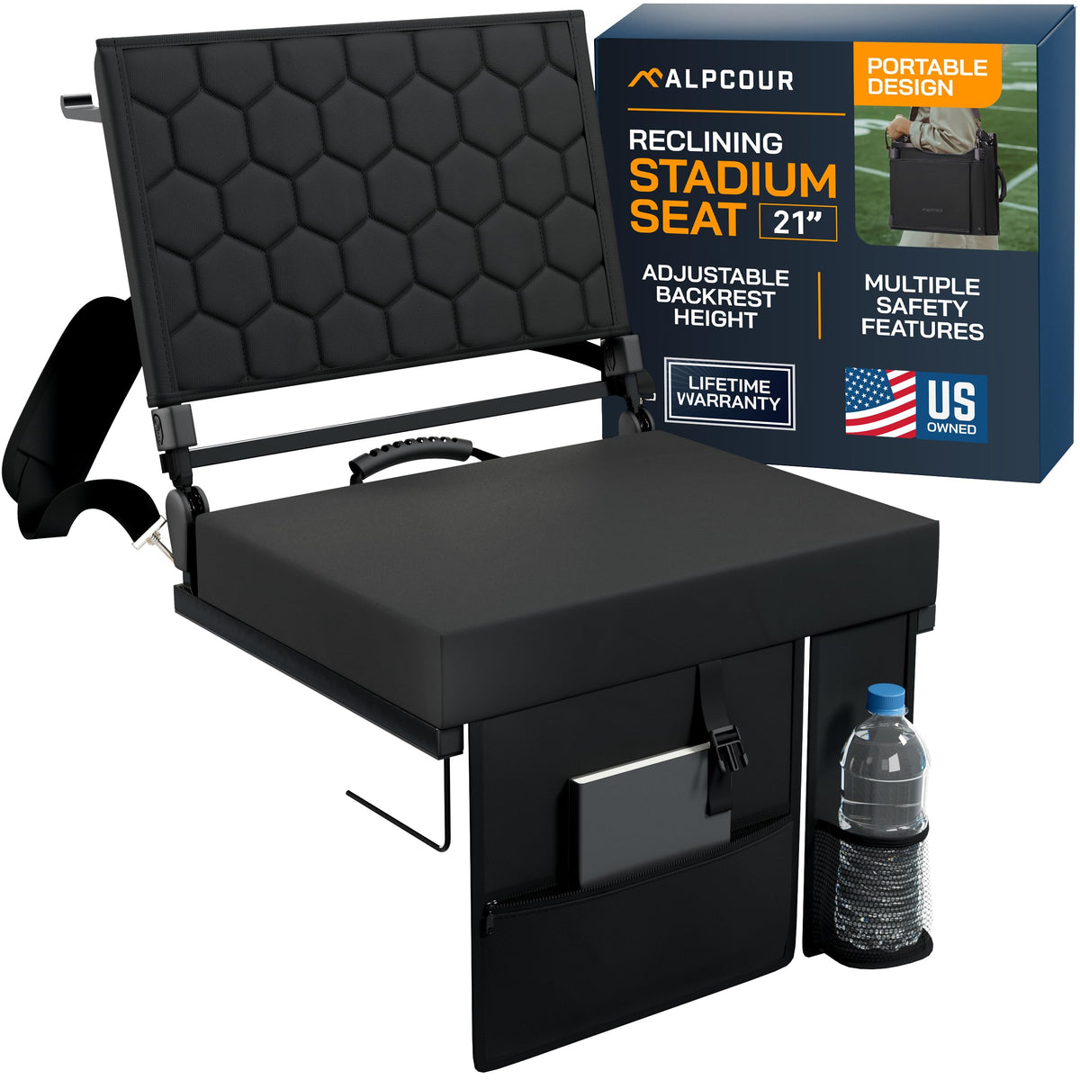 Extra Wide Folding Reclining Stadium Seat with Cup Holder and Storage Pockets F70537