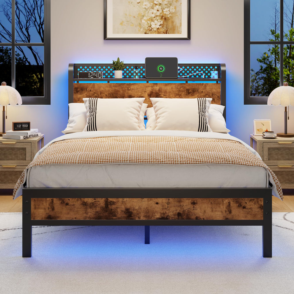 Full Bed Frame with Headboard and LED Lights Q62854