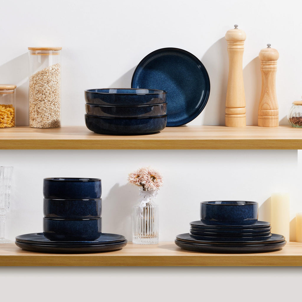 Stoneware Pasta Bowls Set of 4, 35oz Ceramic Bowls, Sapphire Blue H3445