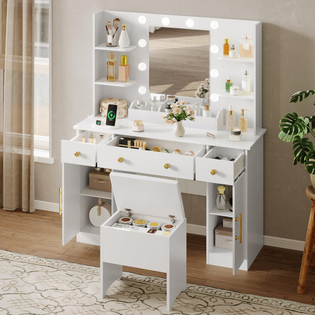 White Vanity Desk with Mirror and Lights, Charging Station, Stool, 3 Drawers and Cabinets A9066