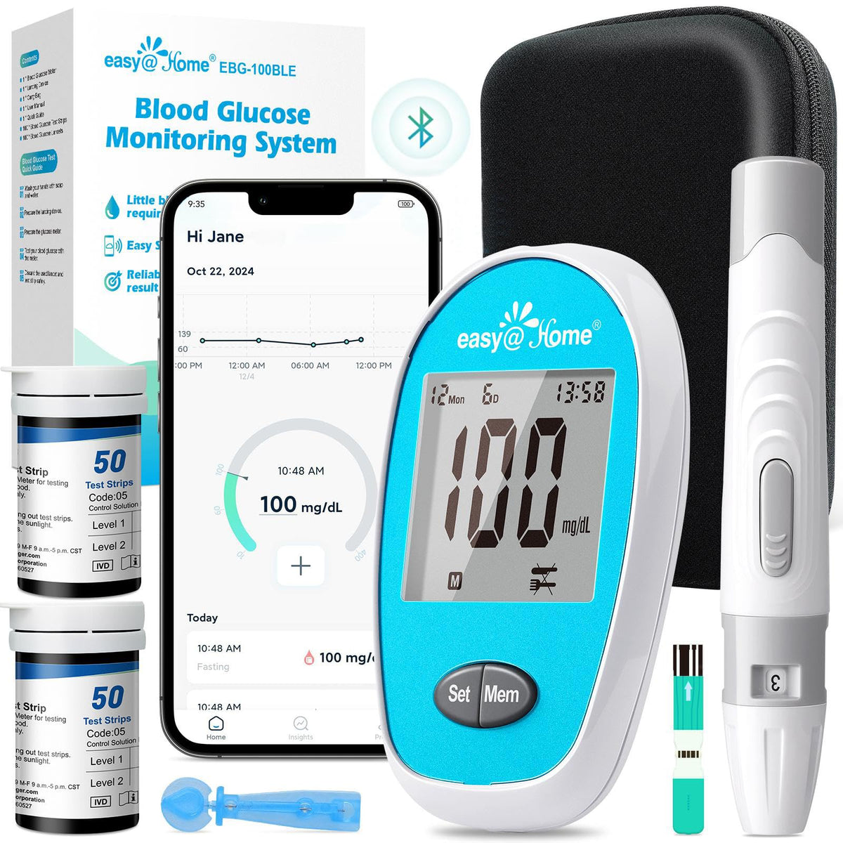 Wireless Glucose Monitor Kit, 100-Strip Blood Sugar Testing Kit W149