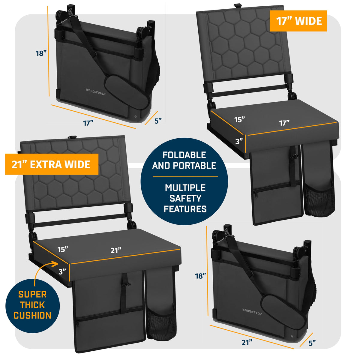 Extra Wide Folding Reclining Stadium Seat with Cup Holder and Storage Pockets F70537