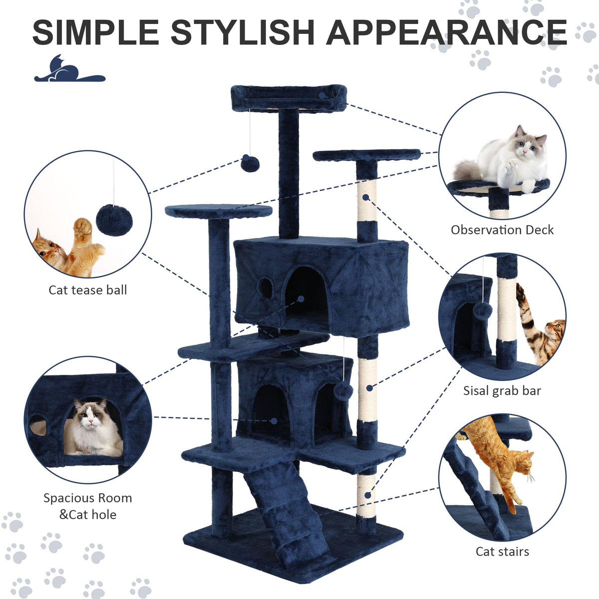 70 Inch Navy Blue Multi-Level Cat Tree with Scratching Posts H8404