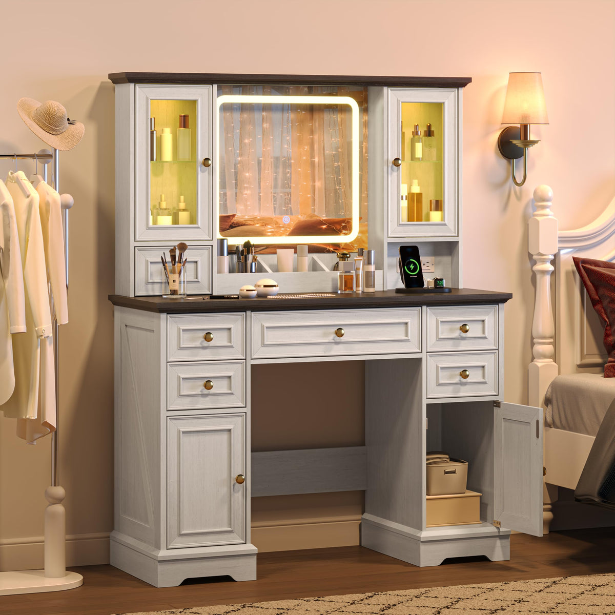 White Makeup Vanity Desk with Mirror and LED Lights Y15379