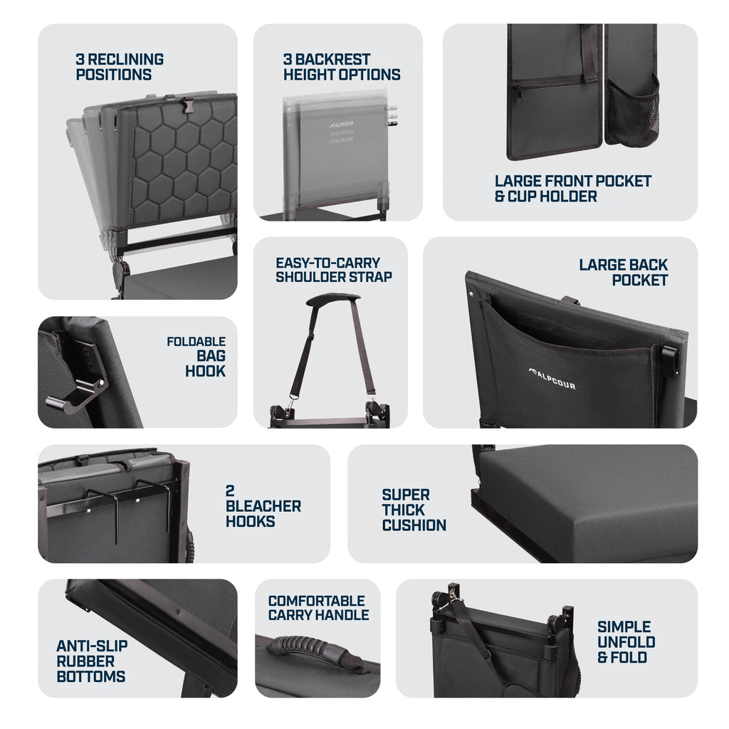 Extra Wide Folding Reclining Stadium Seat with Cup Holder and Storage Pockets F70537