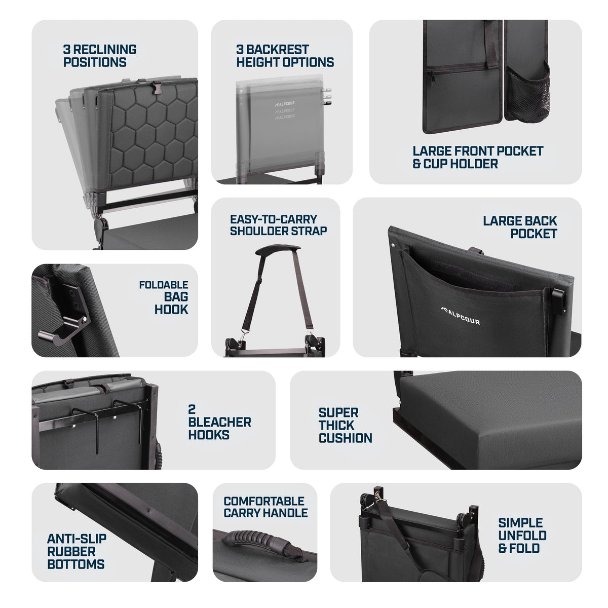 Extra Wide Folding Reclining Stadium Seat with Cup Holder and Storage Pockets F70537