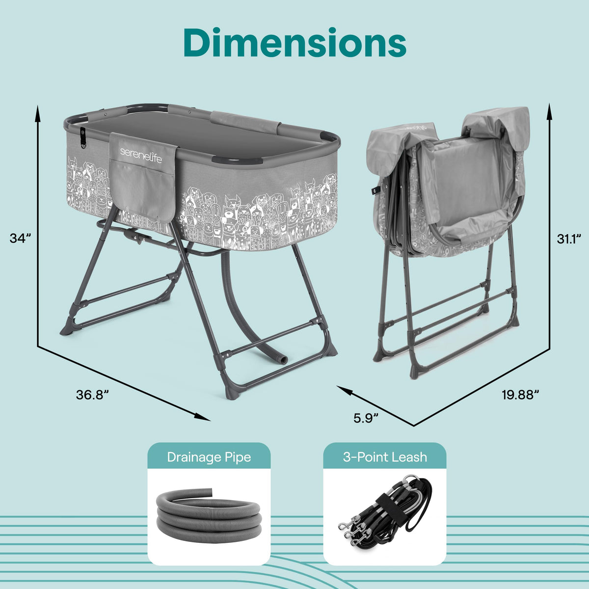 Foldable Dog Bath Tub with Drain Hose, 130 lb Capacity, Gray J5038