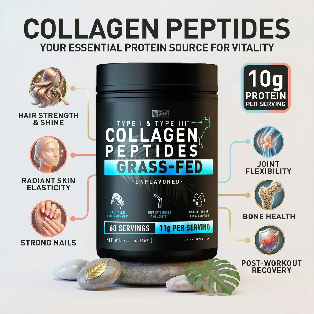 Hydrolyzed Collagen Peptides Powder, 10g Protein, Unflavored, 23.53 oz H339236