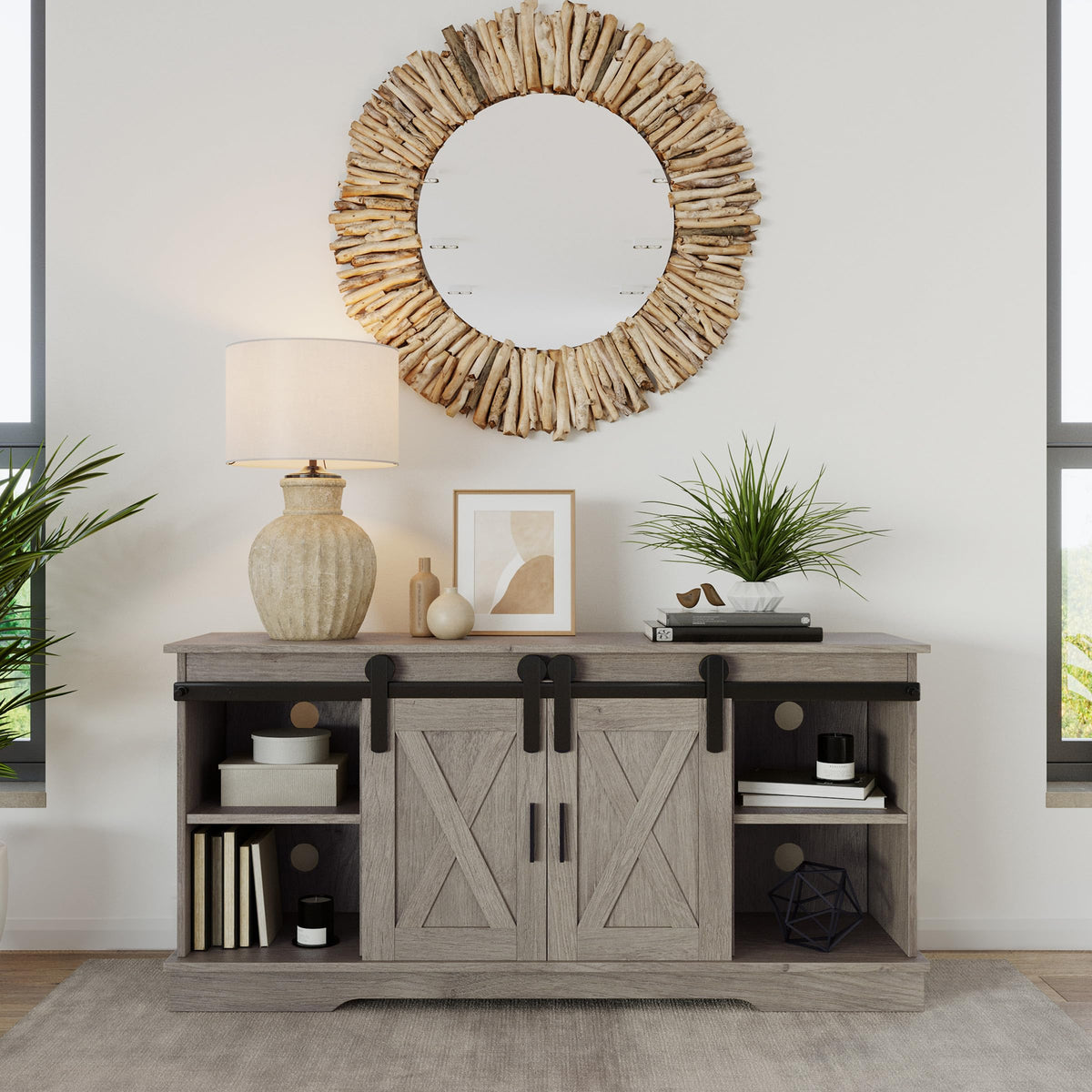 65-Inch TV Stand with Sliding Barn Doors E9299