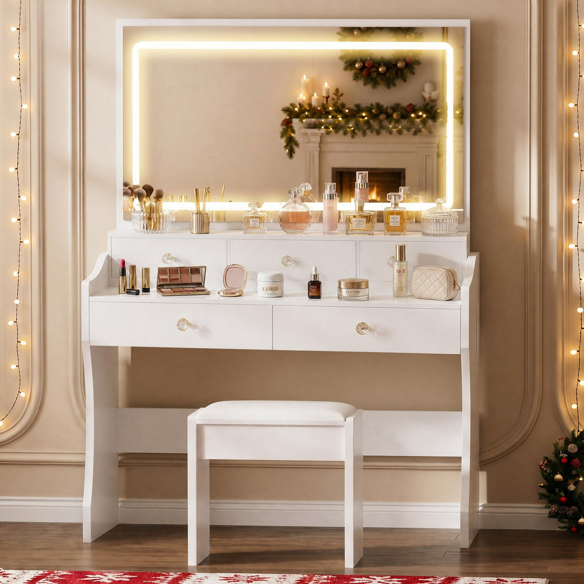 White Vanity Desk with LED Lights Mirror and 5 Drawers D5228