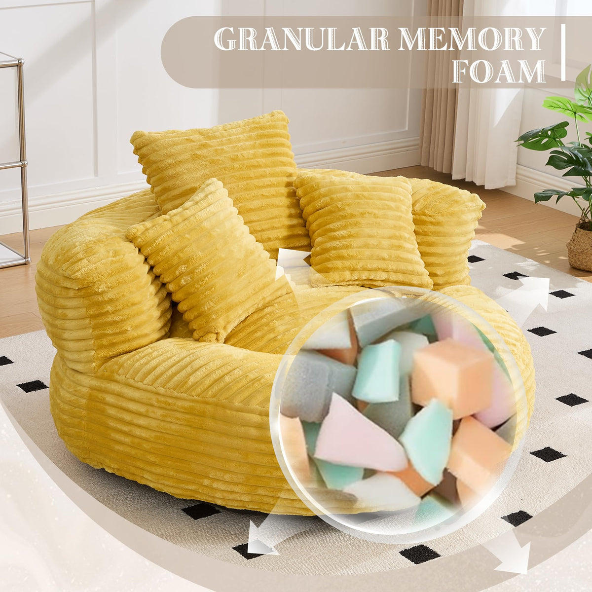 43" Mustard Yellow Corduroy Beanbag Sofa with Memory Foam W64432
