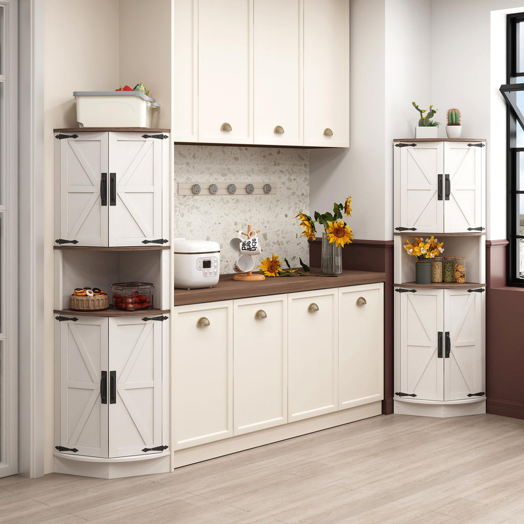 White Tall Corner Storage Cabinet with 4 Doors and 5 Shelves F964471