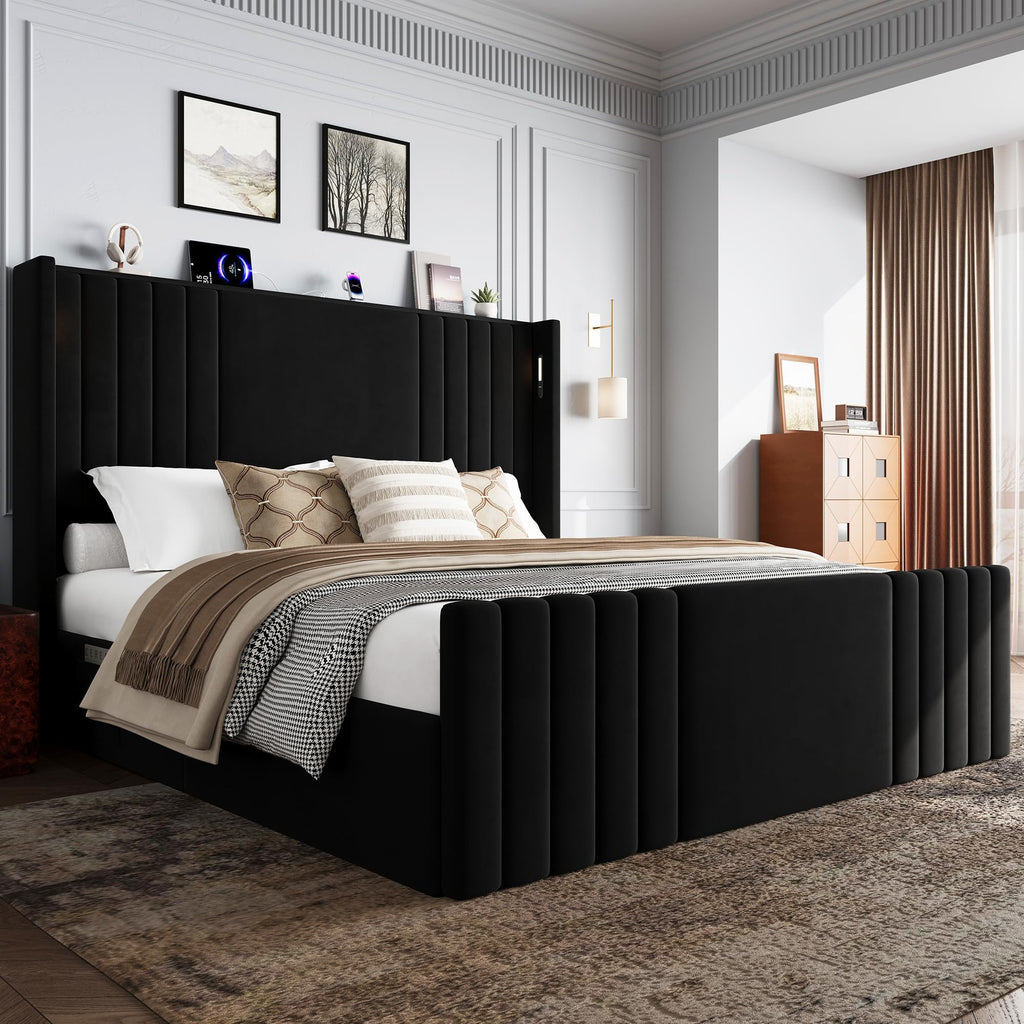 Queen Size Platform Bed Frame with Reading Lights J1907