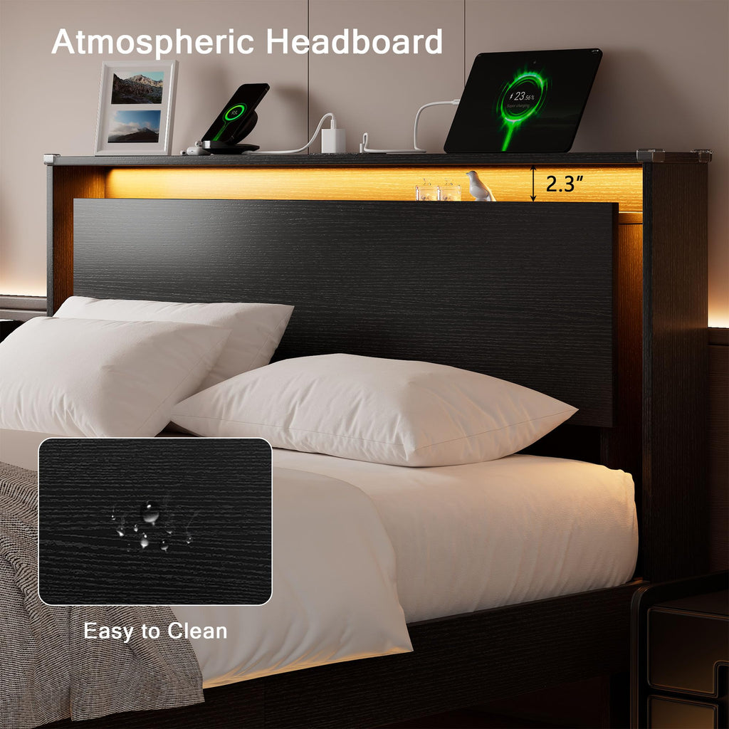Full Size Wood Bed Frame with Storage Headboard and LED Lights X70853