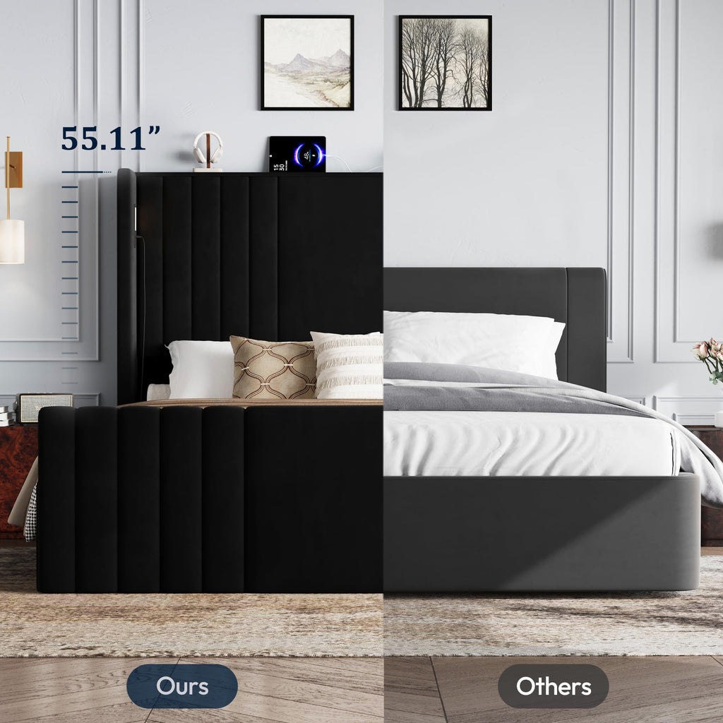 Queen Size Platform Bed Frame with Reading Lights J1907