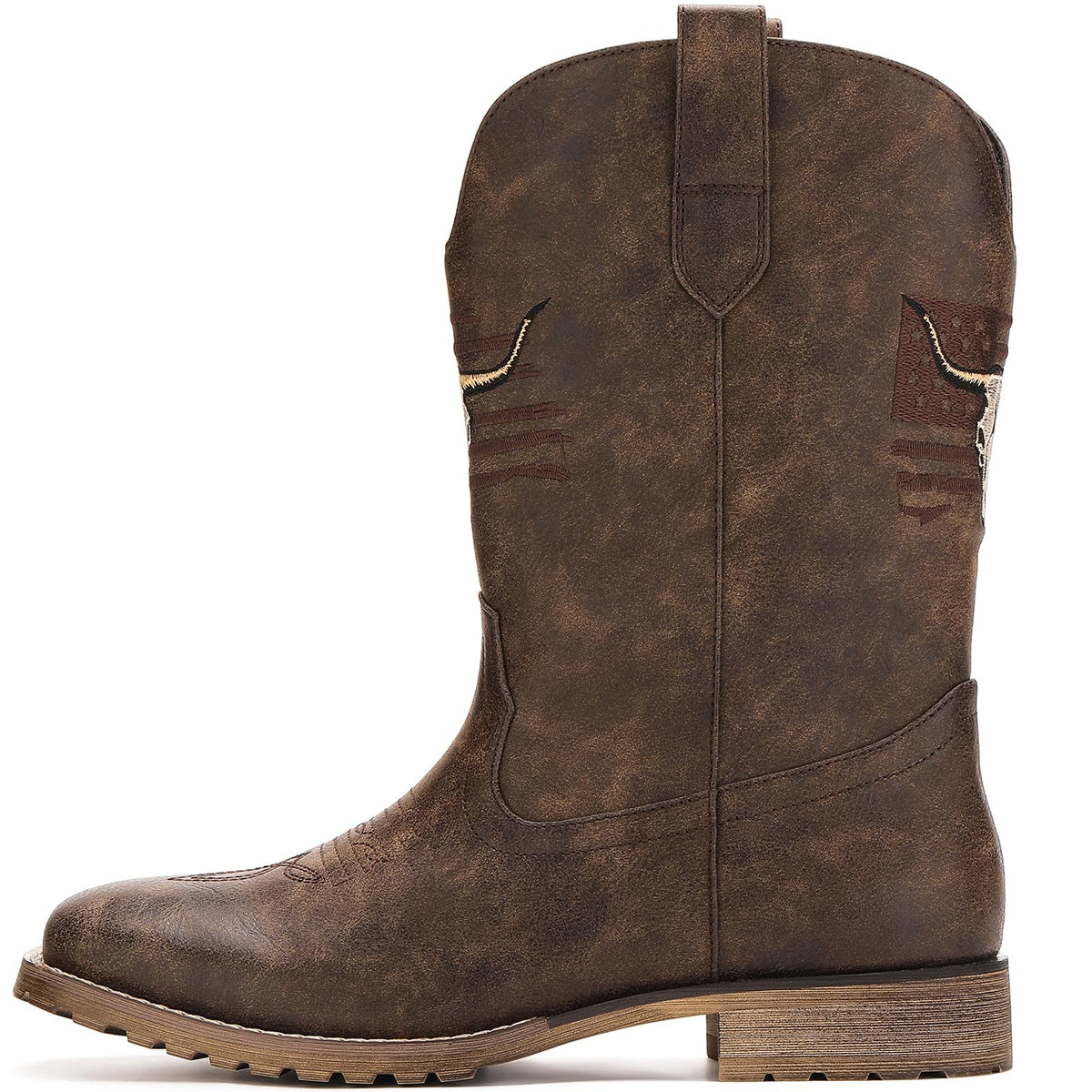 Vintage Distressed Brown Square Toe Mid-Calf Cowboy Boots X736943