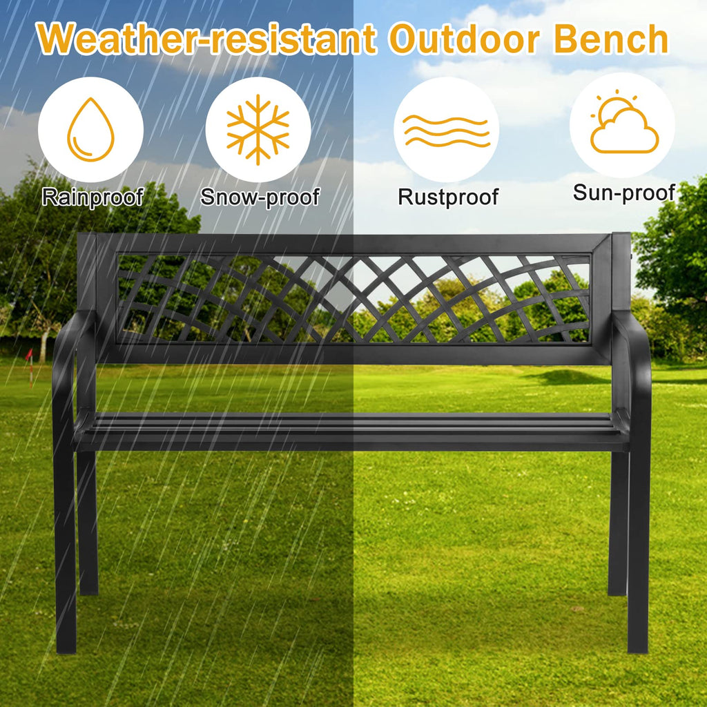 Black Cast Iron Outdoor Garden Bench with Mesh Backrest W7411