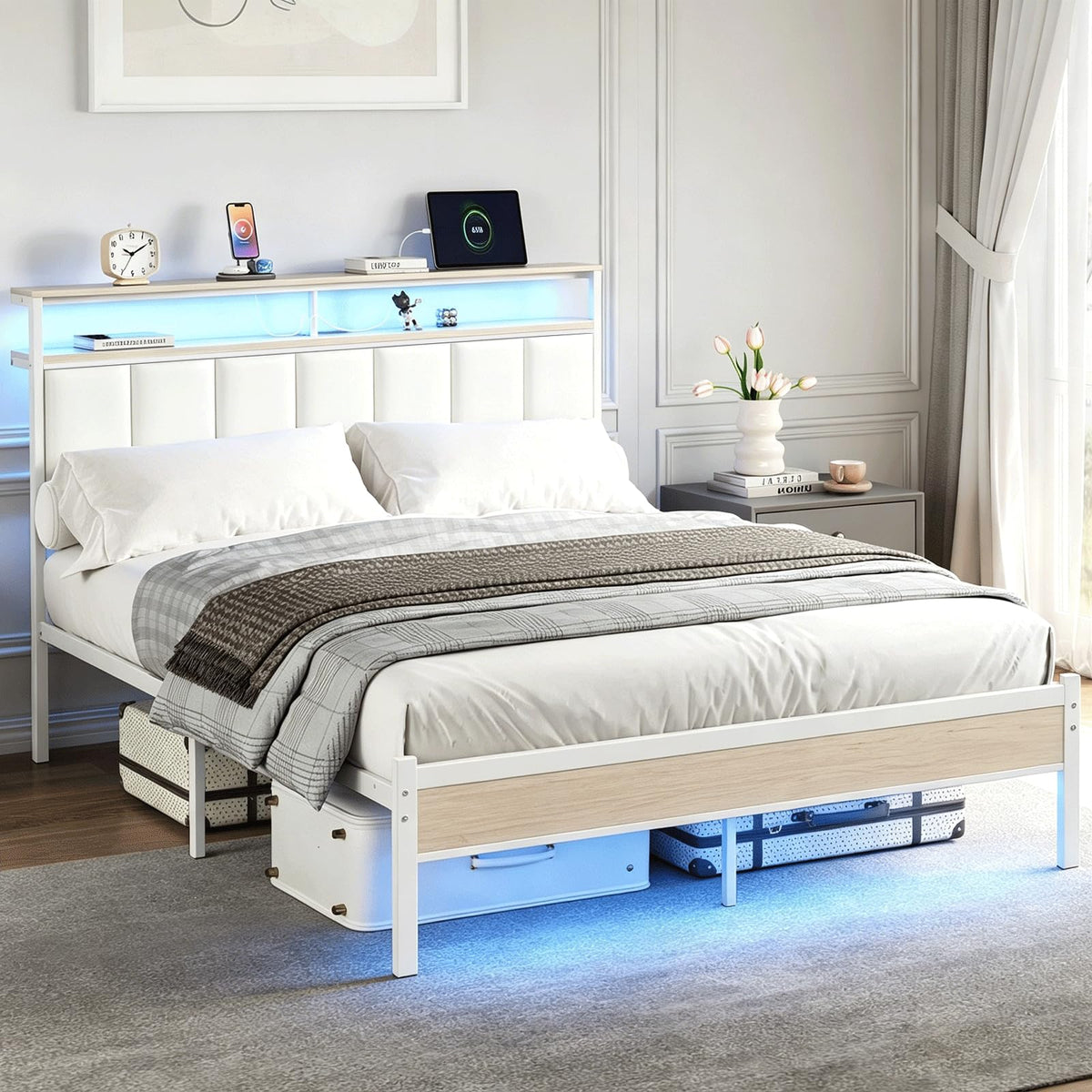 White Full Size Upholstered Platform Bed Frame with LED Lights and Storage Shelf B3924