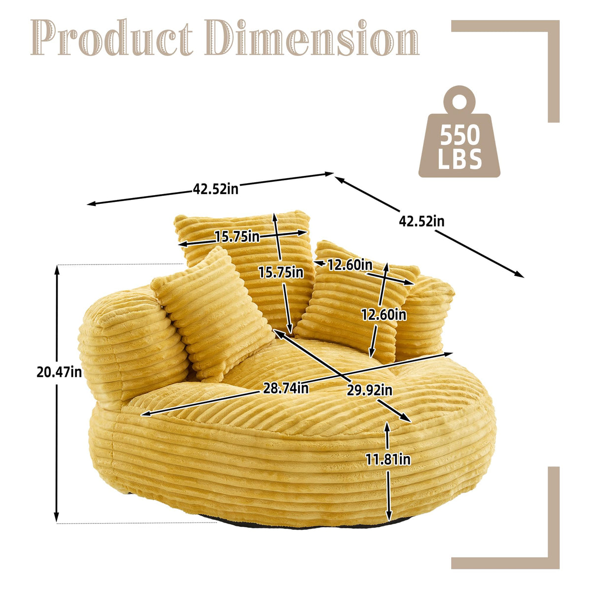 43" Mustard Yellow Corduroy Beanbag Sofa with Memory Foam W64432