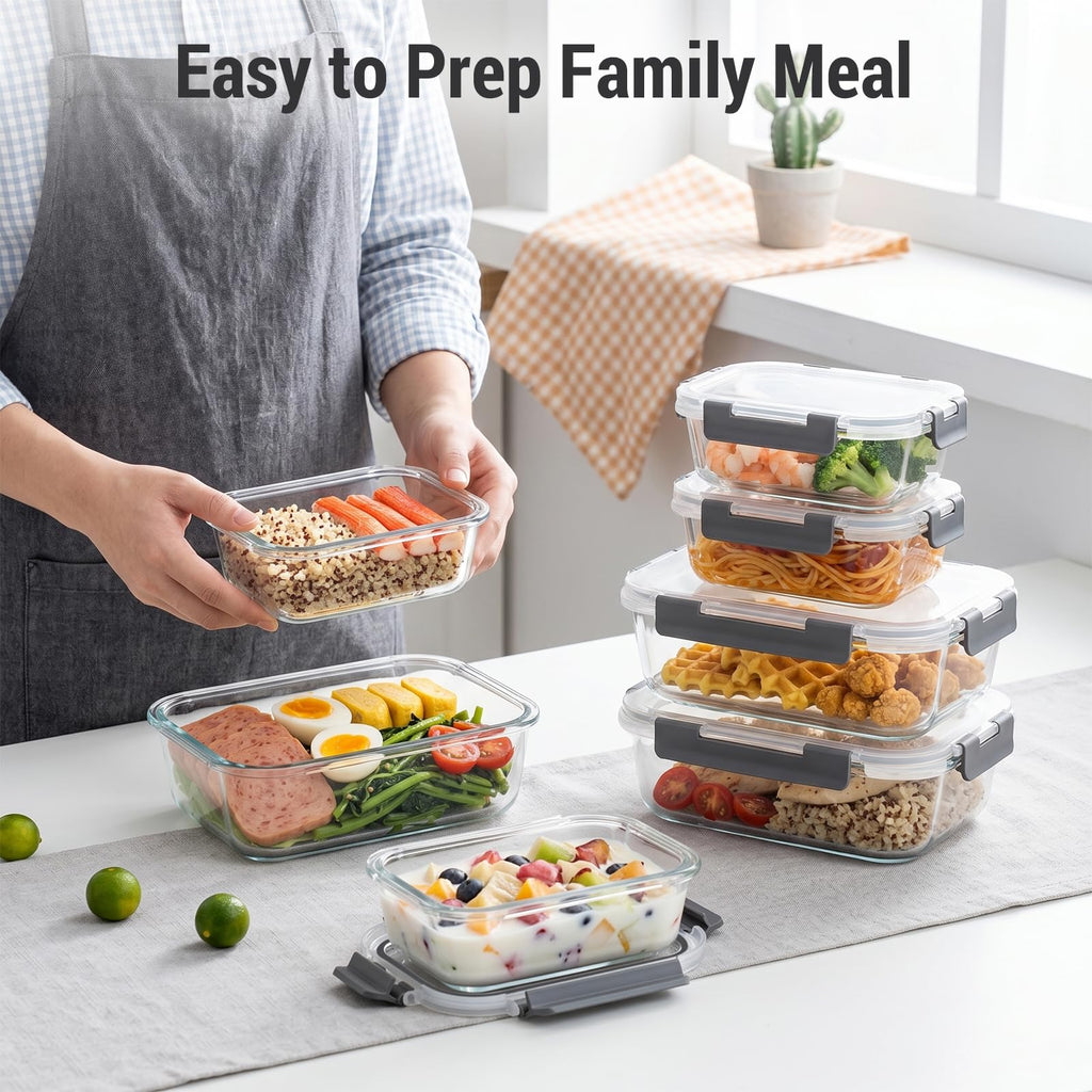 10 Sets 36 oz & 12 oz Glass Food Storage Containers with Lids, Gray C709150