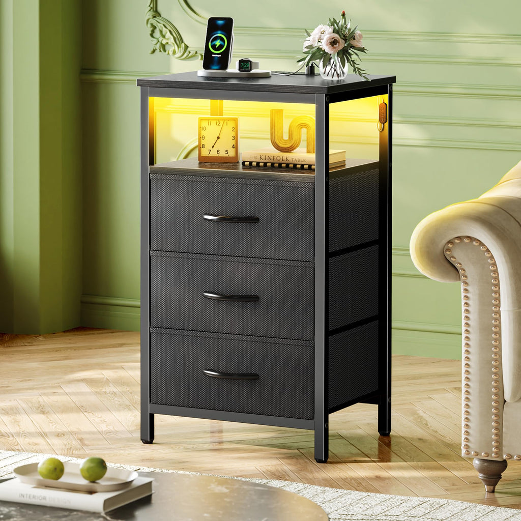 3 Drawer Nightstand with Charger Station and LED Lights C23224