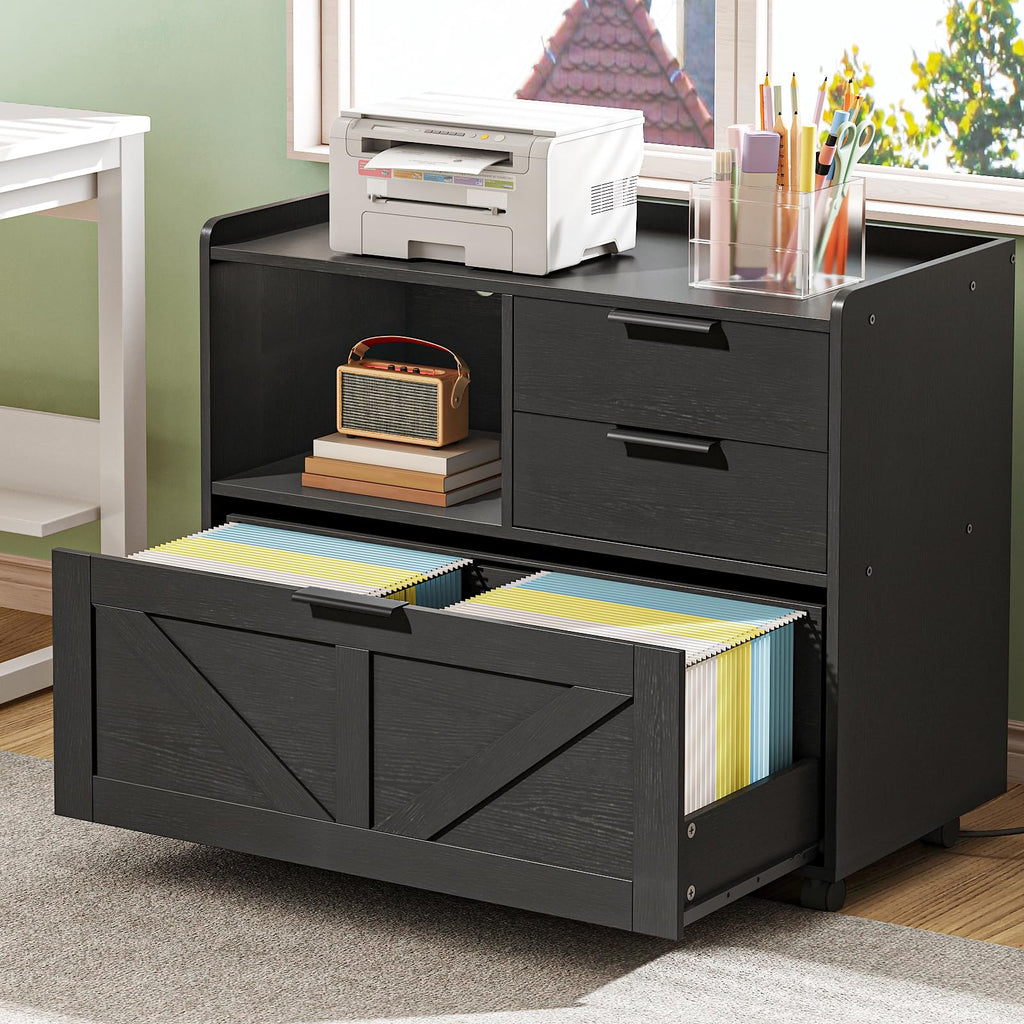Black Wood Lateral File Cabinet with Charging Station X970866