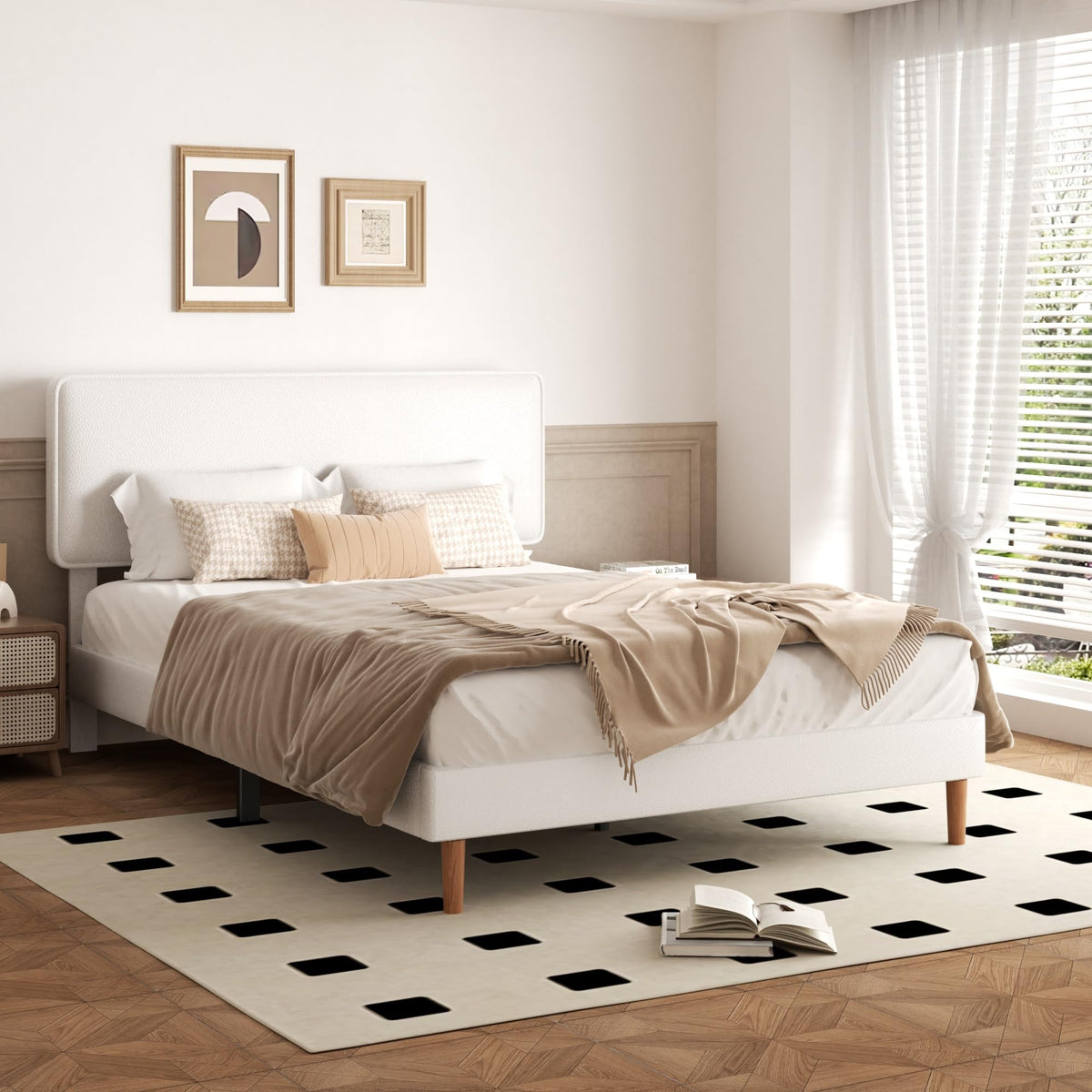 White Upholstered Bed Frame with Adjustable Headboard C850