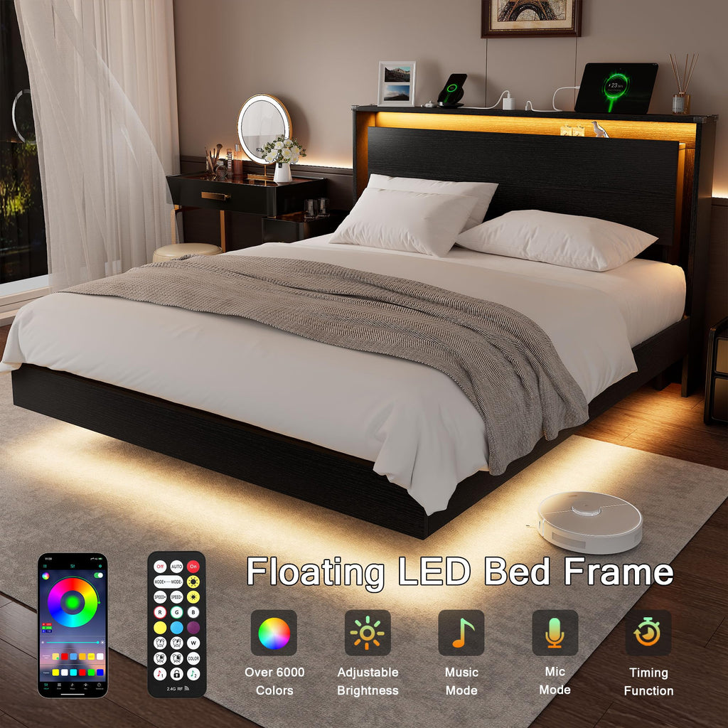 Full Size Wood Bed Frame with Storage Headboard and LED Lights X70853