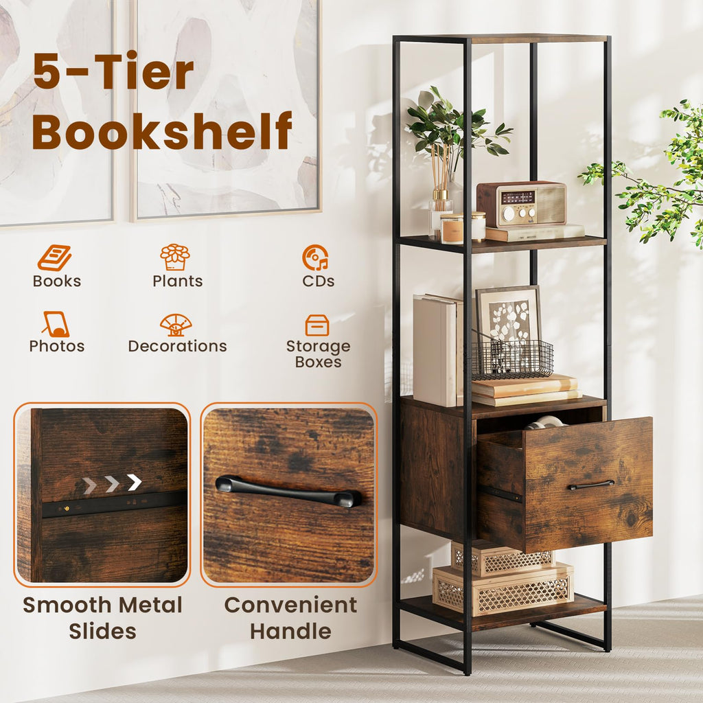 5-Tier Bookshelf with Drawer Narrow Bookcase S246680