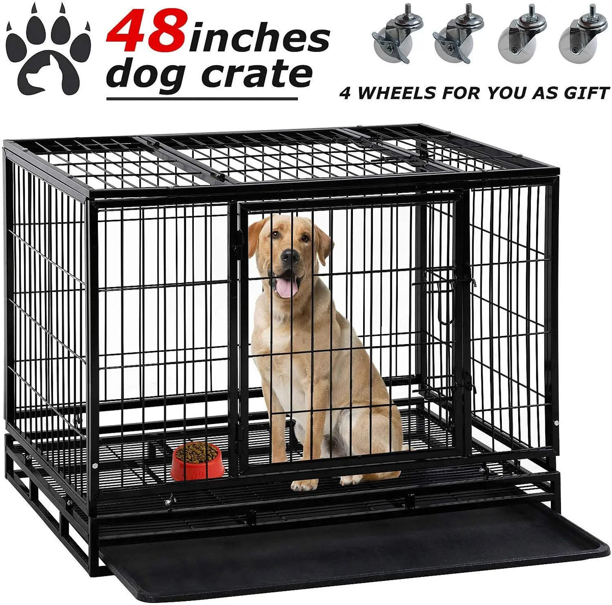 Extra Large Double-Door Heavy Duty Metal Dog Crate (Black, 48 inch) E602