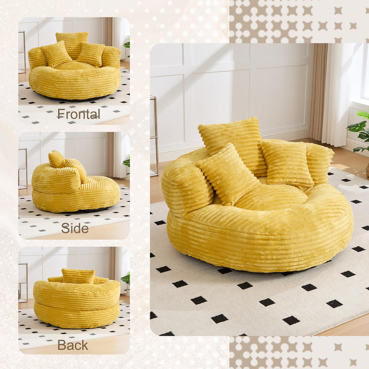 43" Mustard Yellow Corduroy Beanbag Sofa with Memory Foam W64432