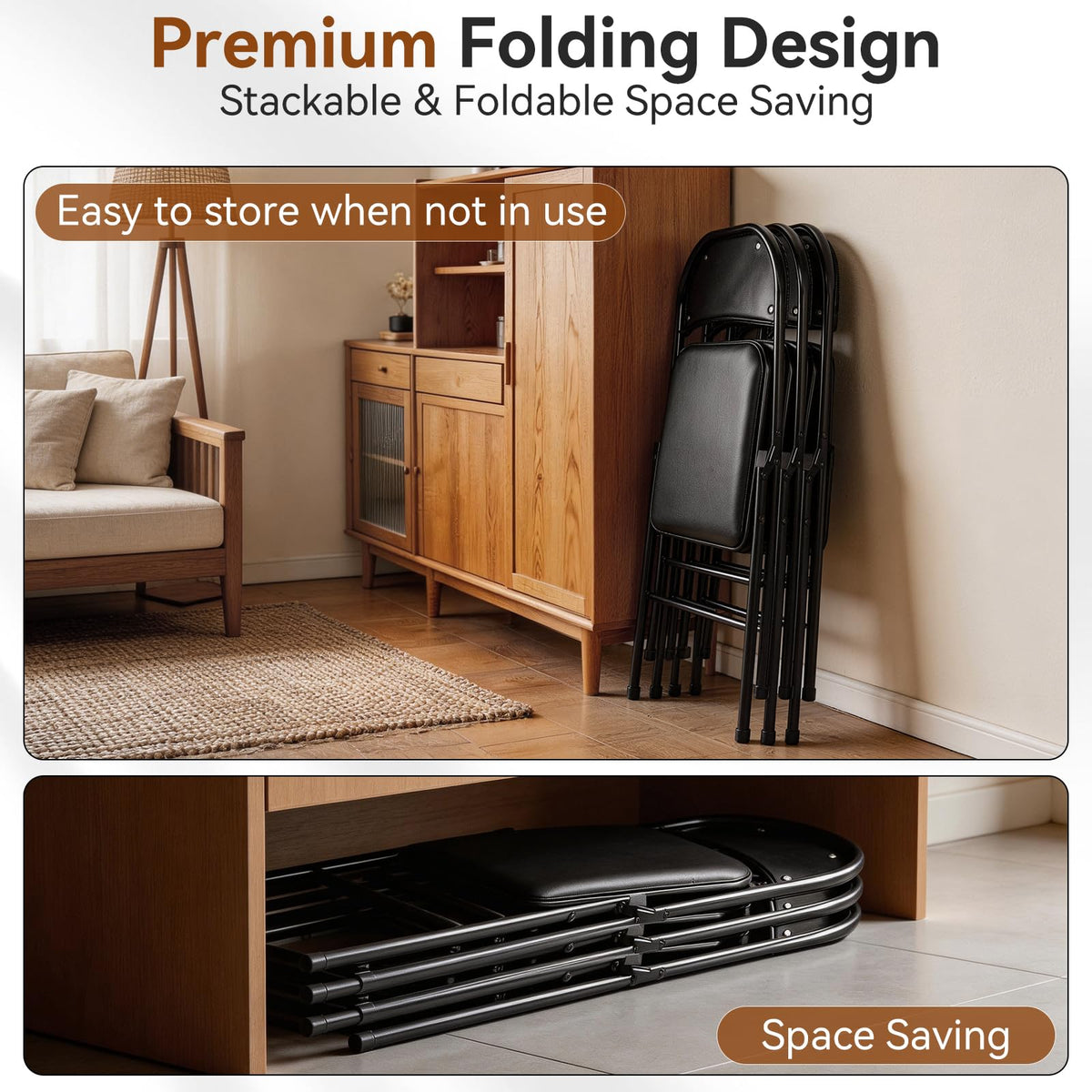 Black Folding Chairs with Padded Seats, 10 Pack R4580