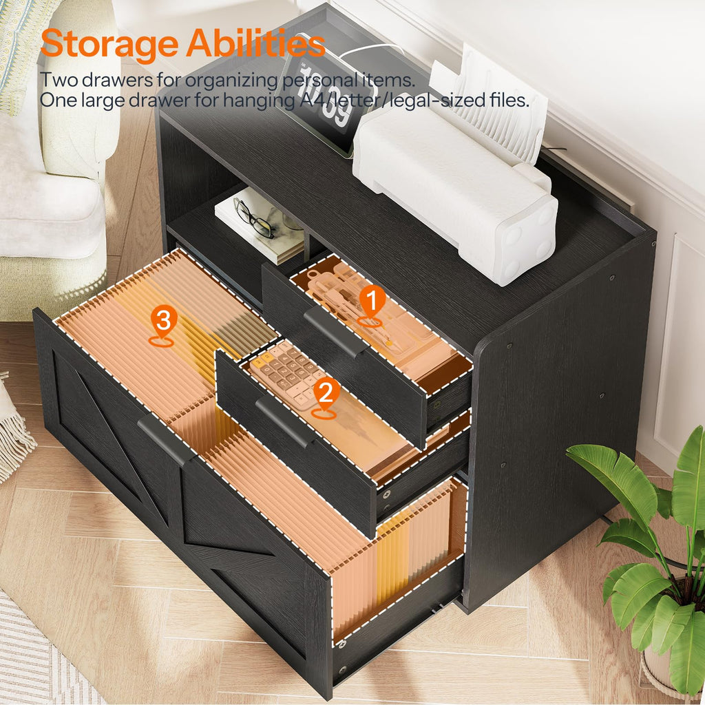 Black Wood Lateral File Cabinet with Charging Station X970866