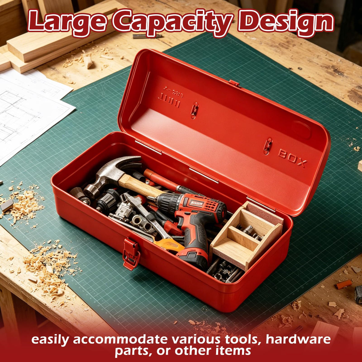 14 Inch Red Metal Tool Box with Latch and Handle F65243