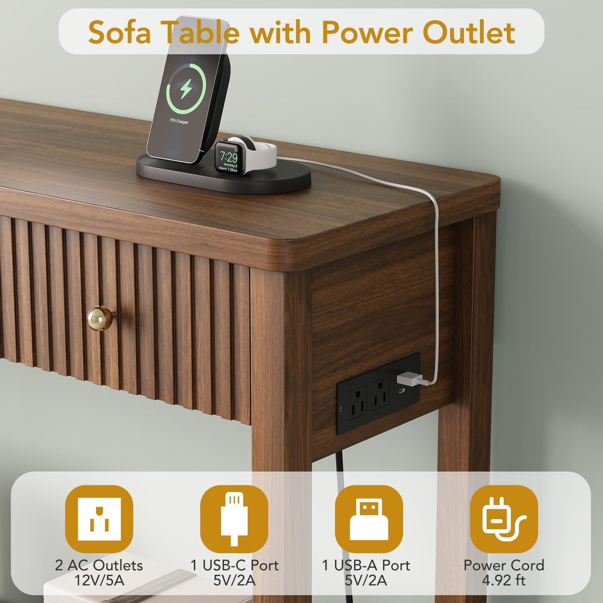 47'' Fluted Console Table with Charging Station & 3 Drawers Q38306