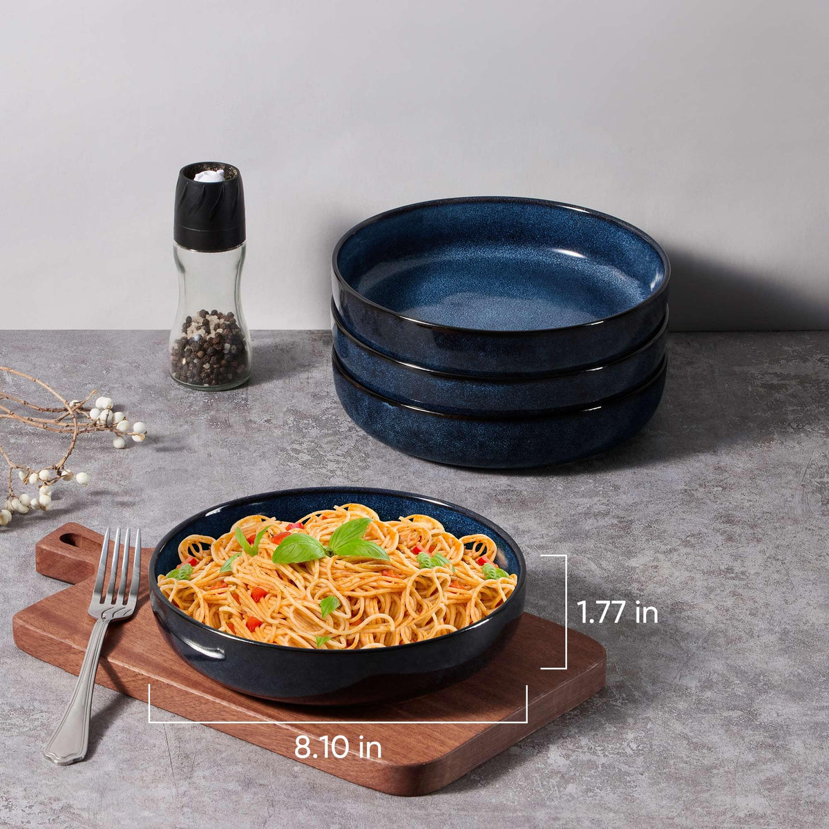 Stoneware Pasta Bowls Set of 4, 35oz Ceramic Bowls, Sapphire Blue H3445