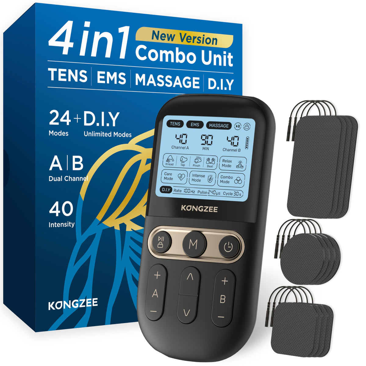 4 in 1 TENS Unit EMS Massage Muscle Stimulator Dual Channel Rechargeable V59104