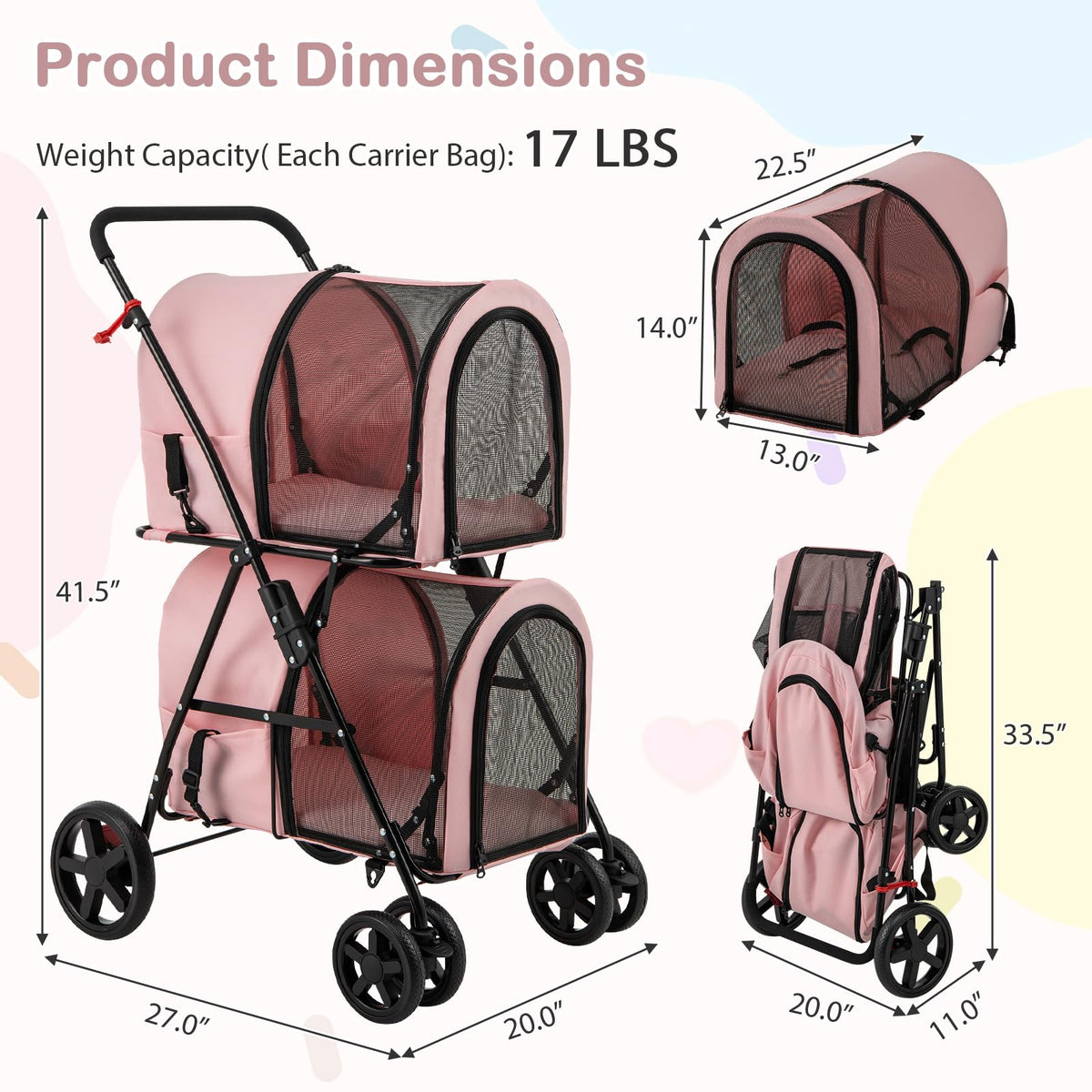 Double Pet Stroller with 2 Detachable Carrier Bags Pink C20878