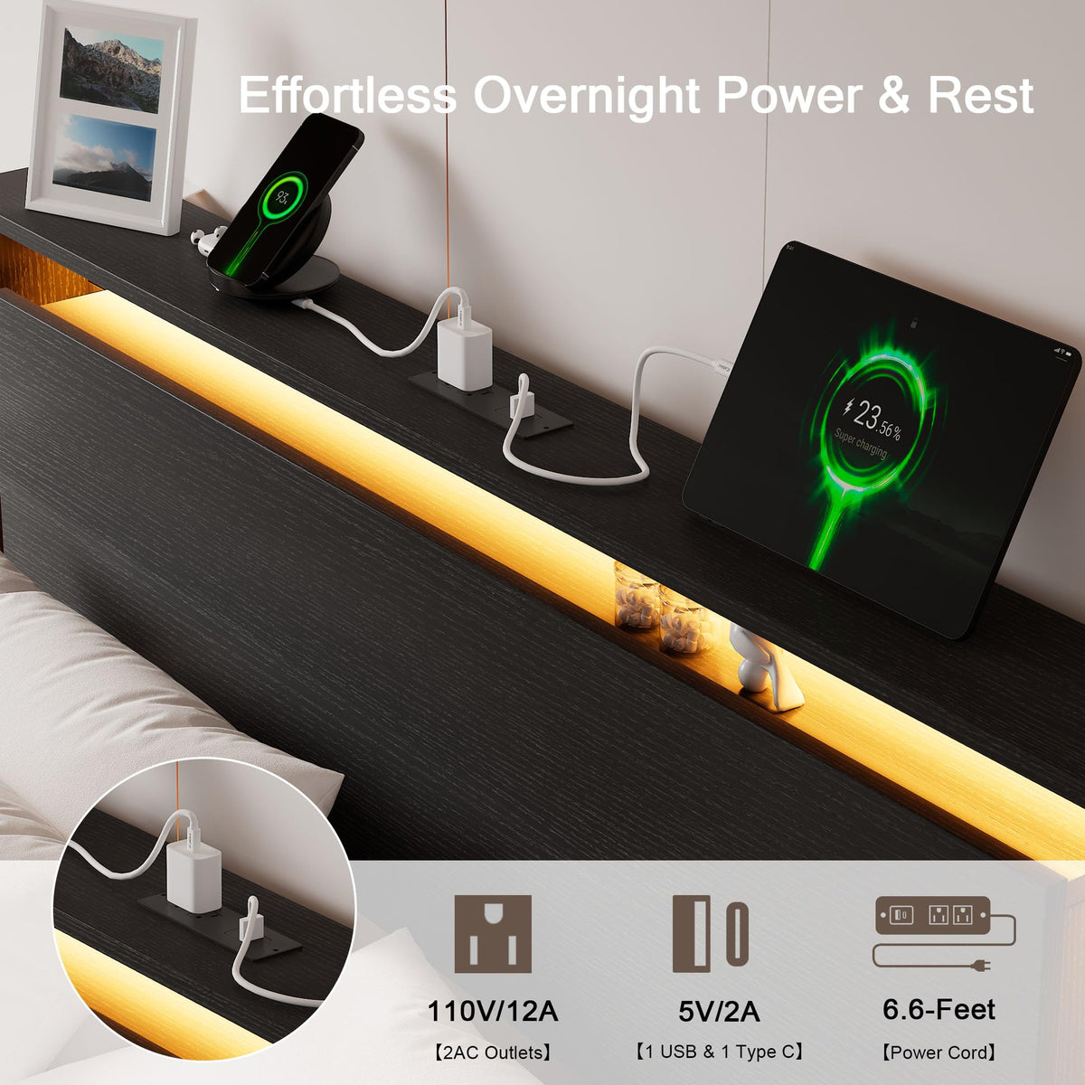 Full Size Wood Bed Frame with Storage Headboard and LED Lights X70853