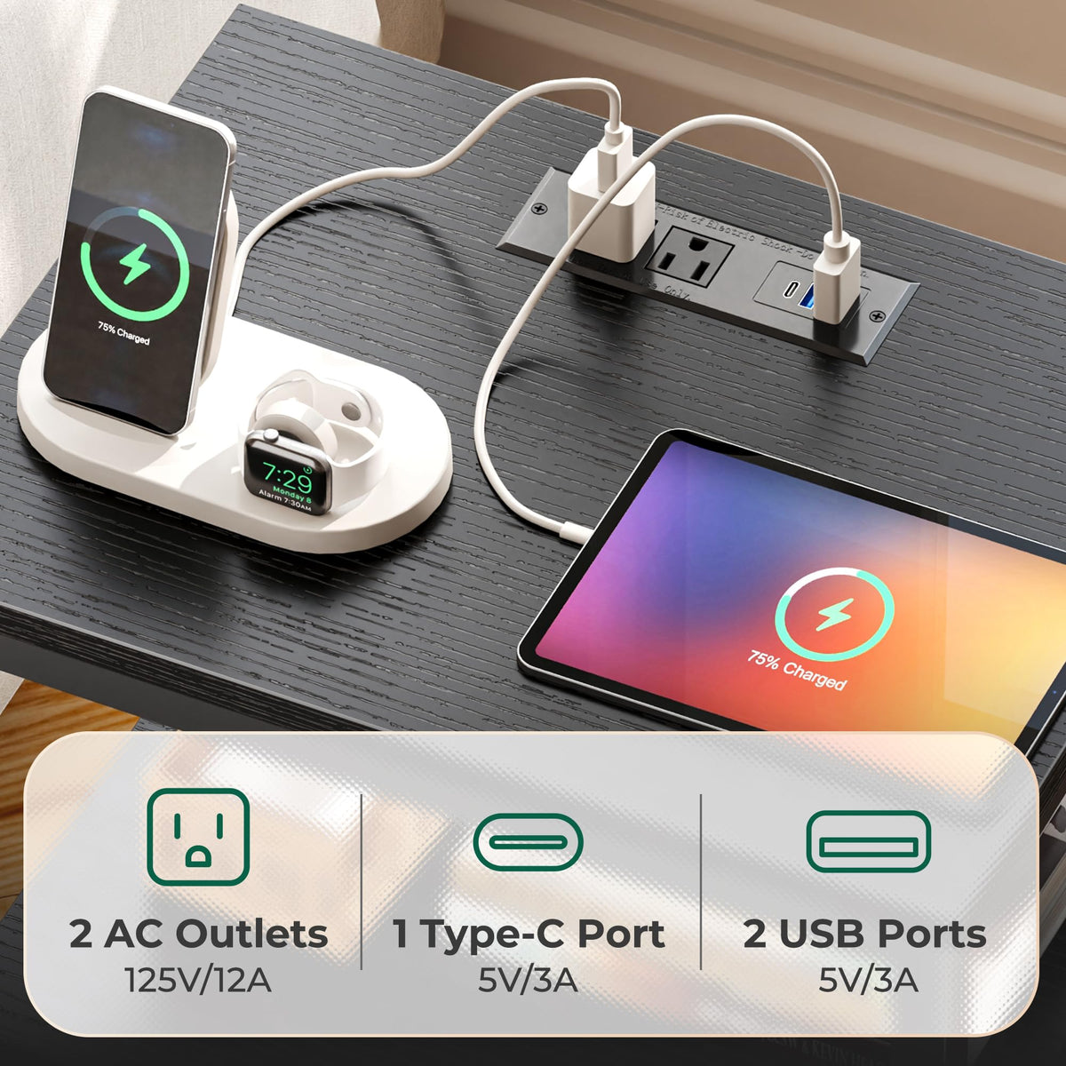 3 Drawer Nightstand with Charger Station and LED Lights C23224