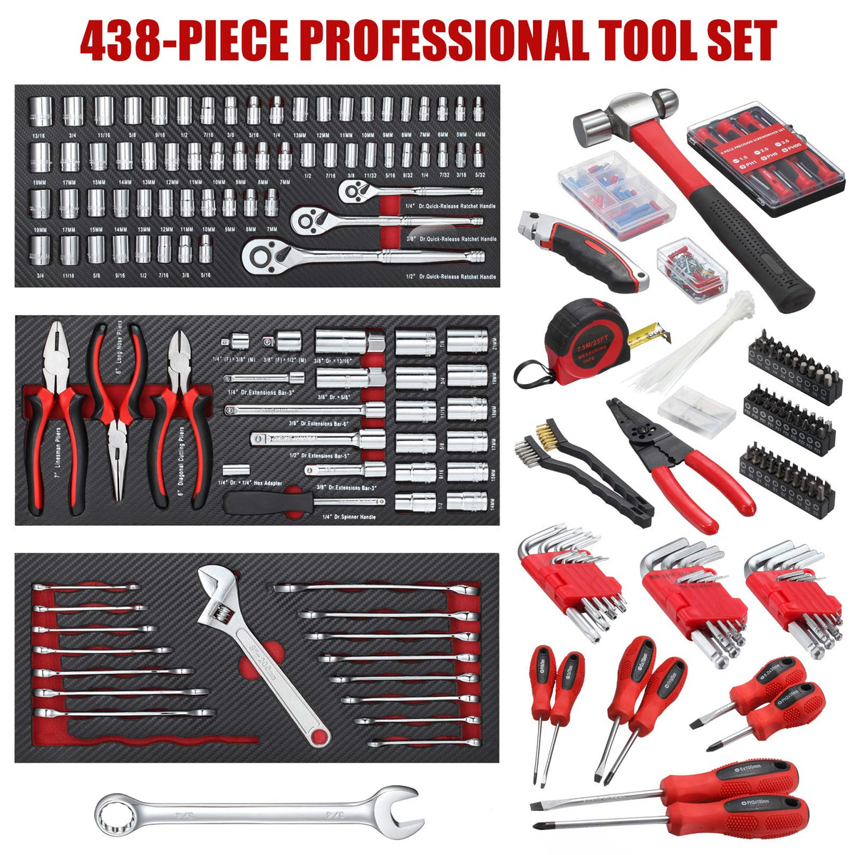 438-Piece Mechanics Tool Set with 3-Drawer Metal Box J597