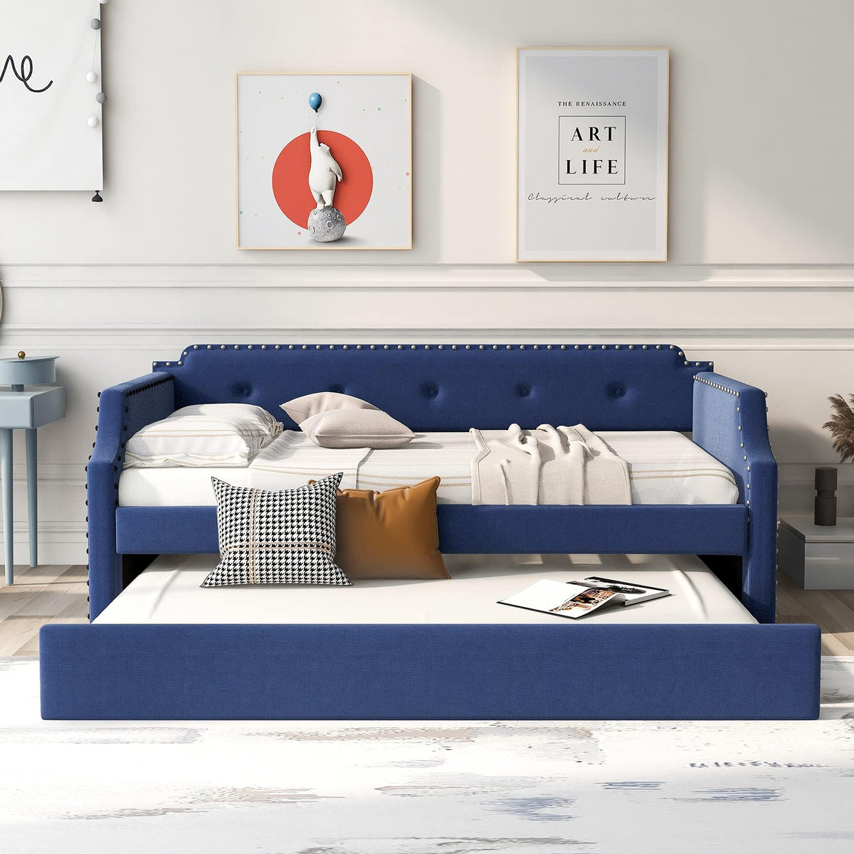 Blue Linen Fabric Upholstered Twin Daybed with Trundle I957440