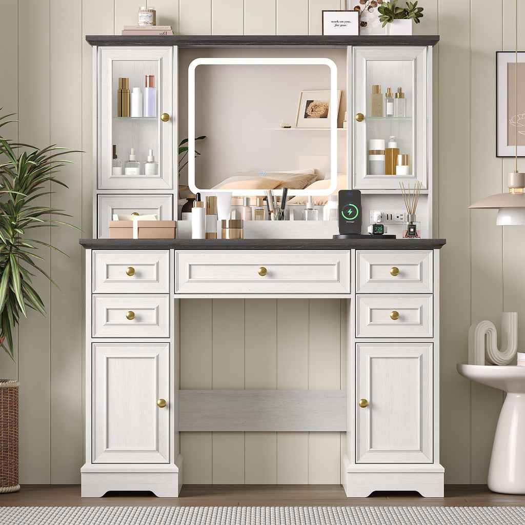 White Makeup Vanity Desk with Mirror and LED Lights Y15379